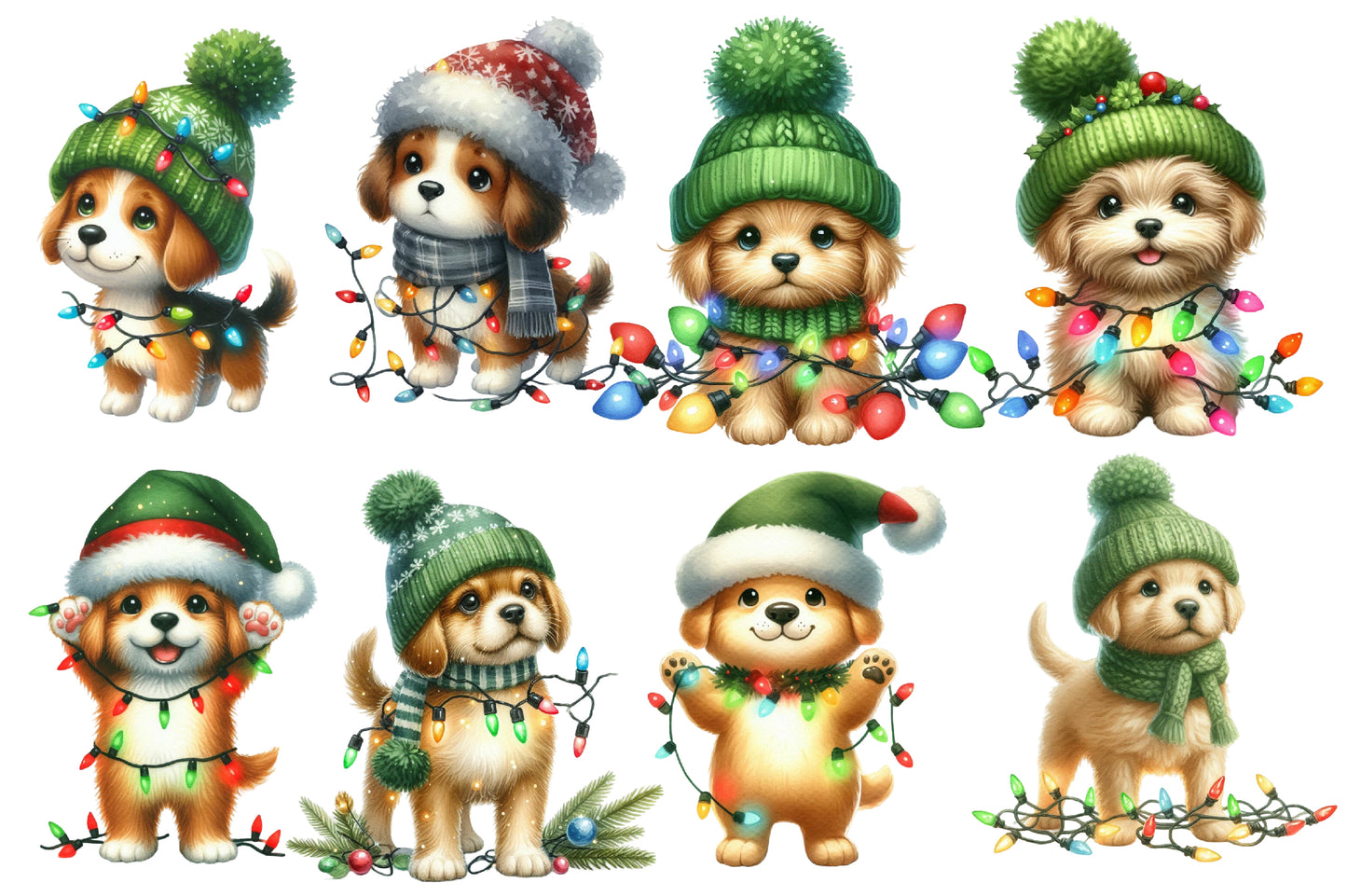 Christmas Dog with Lights Clipart PNG Bundle | Watercolor Cute Christmas Puppy with String Lights | Holiday Sublimation PNG