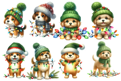 Christmas Dog with Lights Clipart PNG Bundle | Watercolor Cute Christmas Puppy with String Lights | Holiday Sublimation PNG