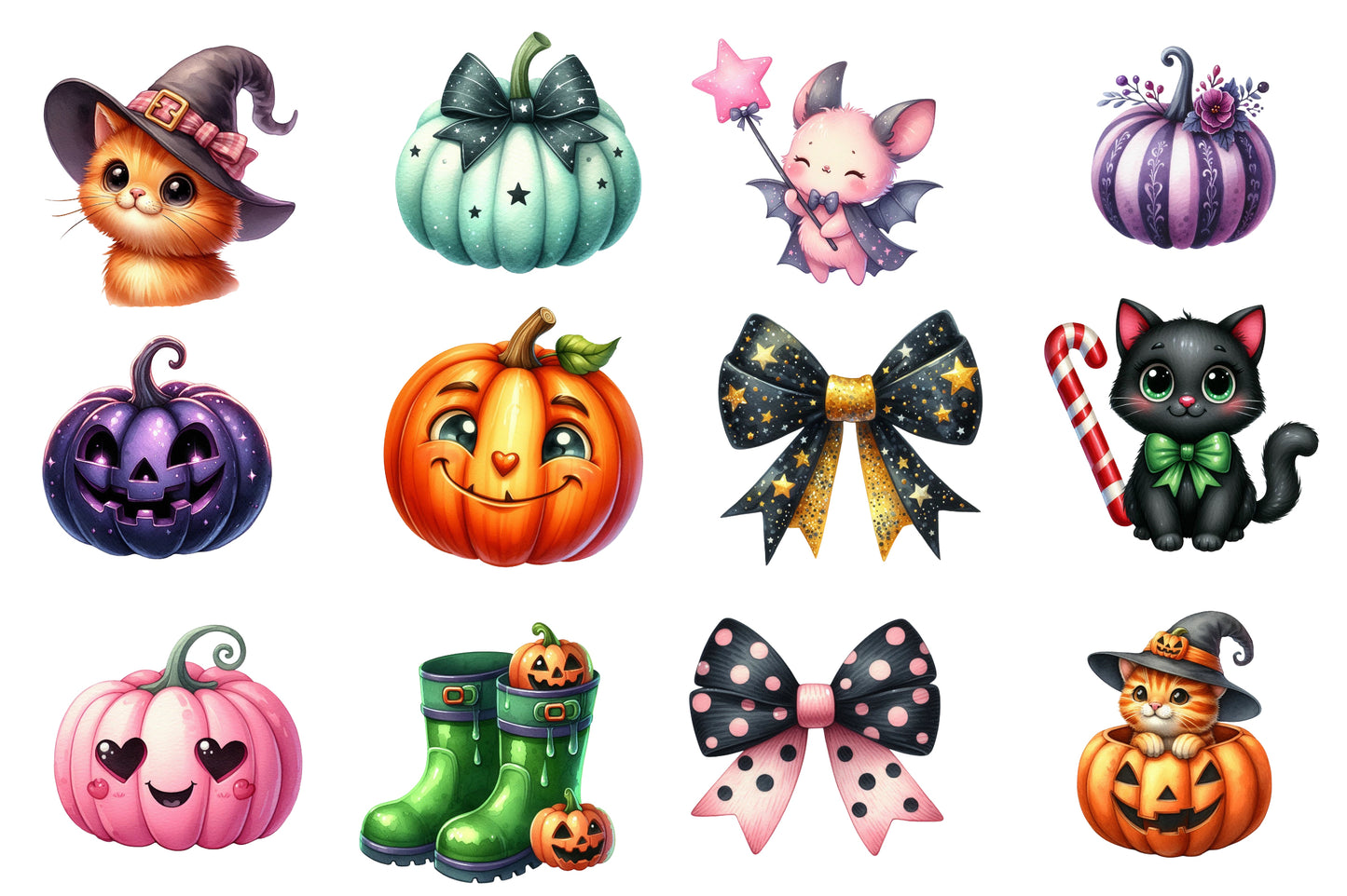 Retro Fall Halloween Watercolor Clipart PNG Bundle | Cute Halloween Clipart | Retro Halloween Sublimation PNG