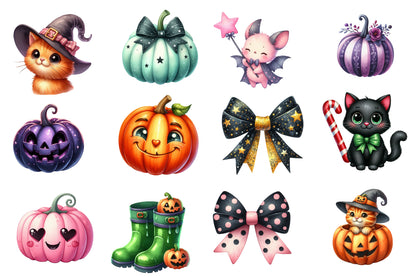 Retro Fall Halloween Watercolor Clipart PNG Bundle | Cute Halloween Clipart | Retro Halloween Sublimation PNG