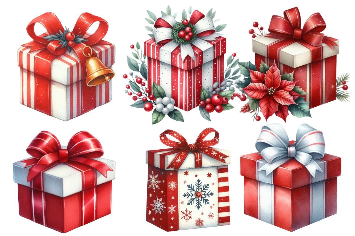 Christmas Presents & Wrapping Clipart PNG Bundle | Watercolor Christmas Gifts & Wrapping Clipart | Holiday Gift Sublimation PNG
