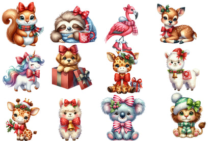 Cute Animal Christmas Clipart PNG Bundle | Christmas Giraffe, Owl, Unicorn, Puppy, Reindeer, Fox, Cow, Koala & Woodland Animals