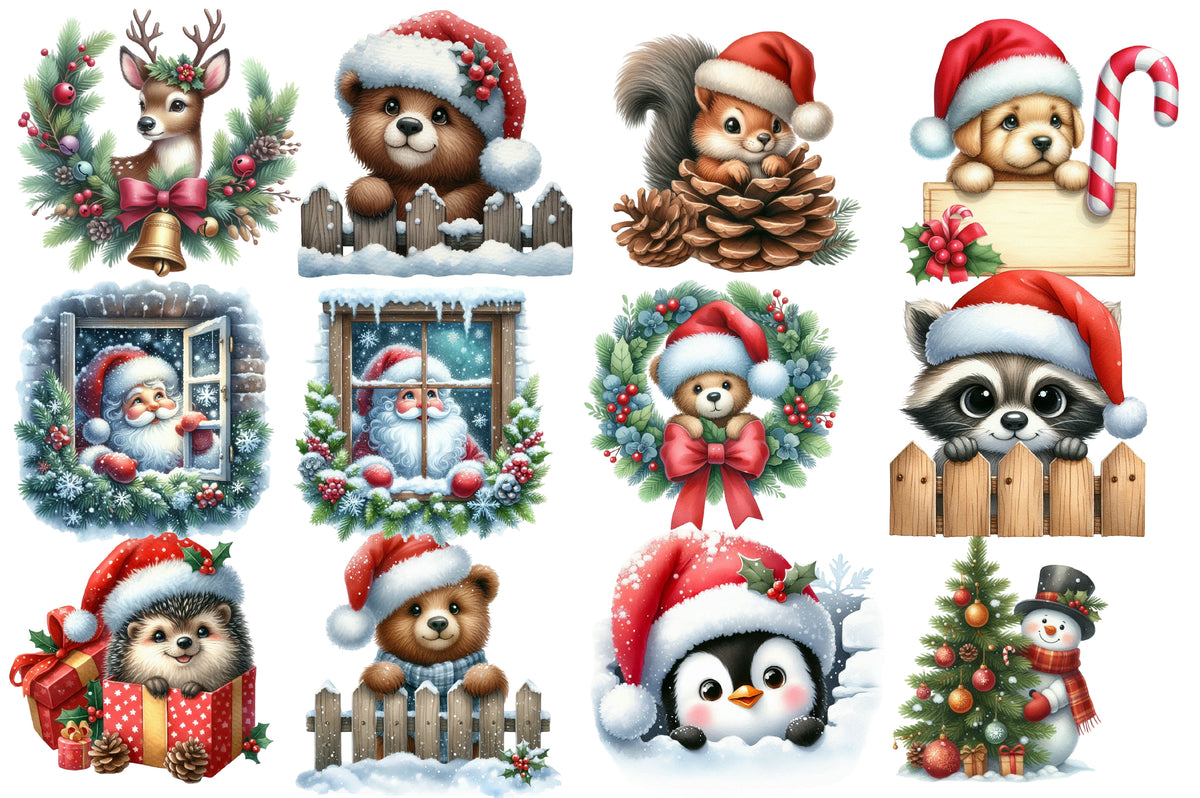 Christmas Peeking Clipart PNG Bundle | Watercolor Cute Peeking Christmas Characters | Holiday Sublimation PNG