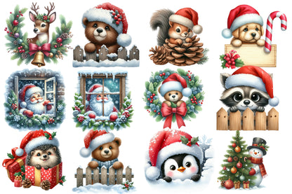 Christmas Peeking Clipart PNG Bundle | Watercolor Cute Peeking Christmas Characters | Holiday Sublimation PNG