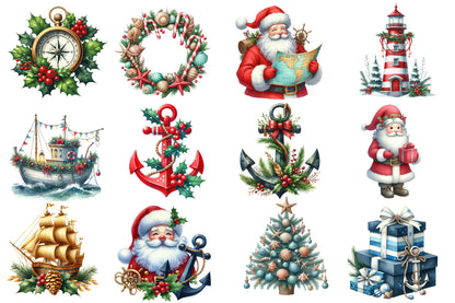 Nautical Christmas Clipart PNG Bundle | Coastal Christmas Watercolor Clipart | Beach Holiday Sublimation PNG