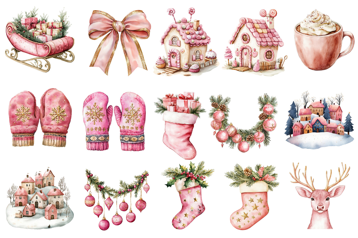 Pink Christmas Watercolor Clipart PNG Bundle | Holiday Christmas Pink Clipart | Cute Winter Christmas Sublimation PNG