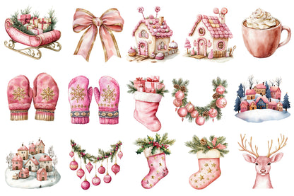 Pink Christmas Watercolor Clipart PNG Bundle | Holiday Christmas Pink Clipart | Cute Winter Christmas Sublimation PNG