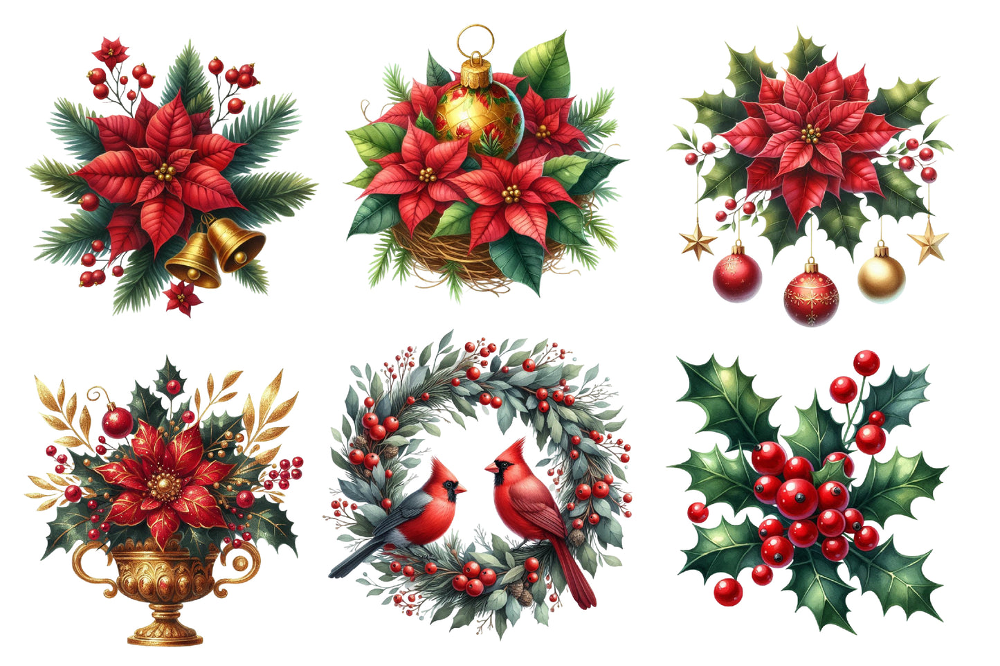 Christmas Clipart PNG Bundle | Poinsettia Flowers, Holly Berries, Cardinal Birds, Christmas Ornaments, Wreaths & Pine Greenery