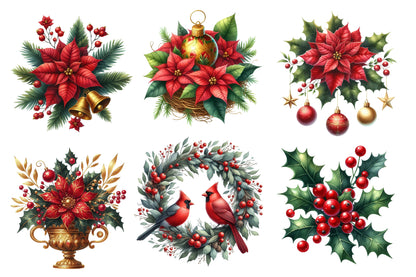 Christmas Clipart PNG Bundle | Poinsettia Flowers, Holly Berries, Cardinal Birds, Christmas Ornaments, Wreaths & Pine Greenery