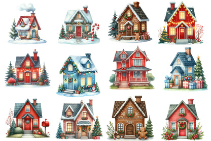 Christmas Home Clipart Bundle PNG | Watercolor Cozy Christmas Home Clipart | Holiday House Sublimation PNG