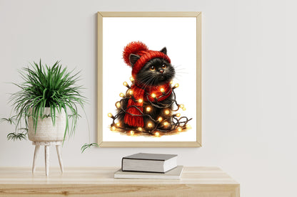 Funny Christmas Cat PNG Bundle Watercolor Black Cat Holiday Clipart