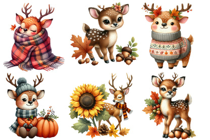 Autumn Cute Deer Clipart PNG Bundle | Watercolor Fall Woodland Deer Clipart | Cozy Harvest Deer PNG