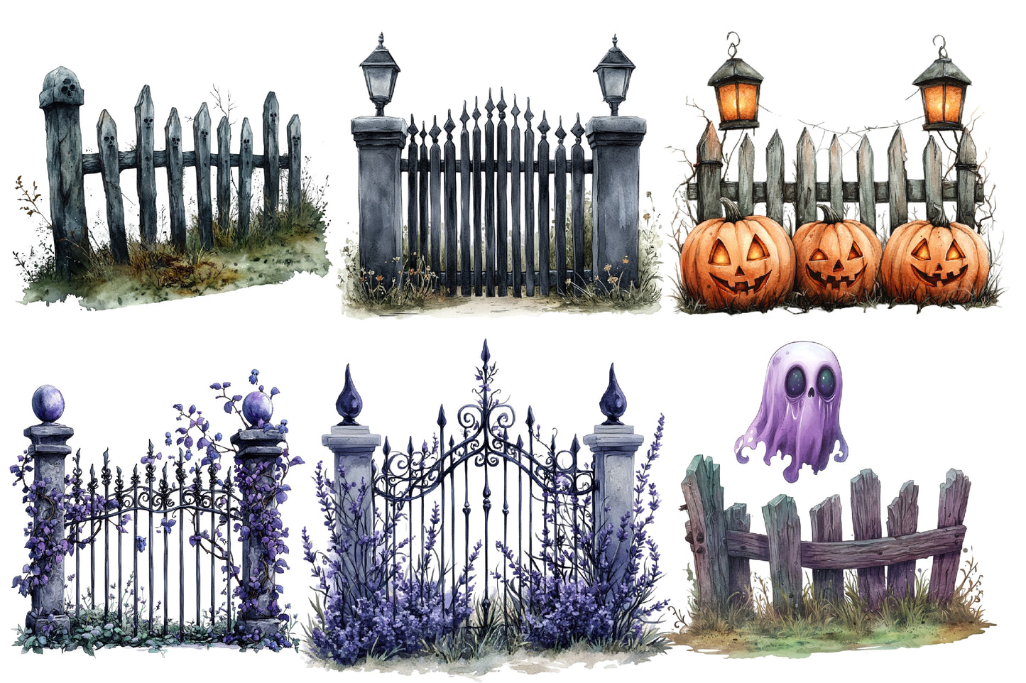 Watercolor Halloween Fence Clipart PNG Bundle | Spooky Fence, Pumpkins, Bats, Ghosts & Haunted Night Elements PNG