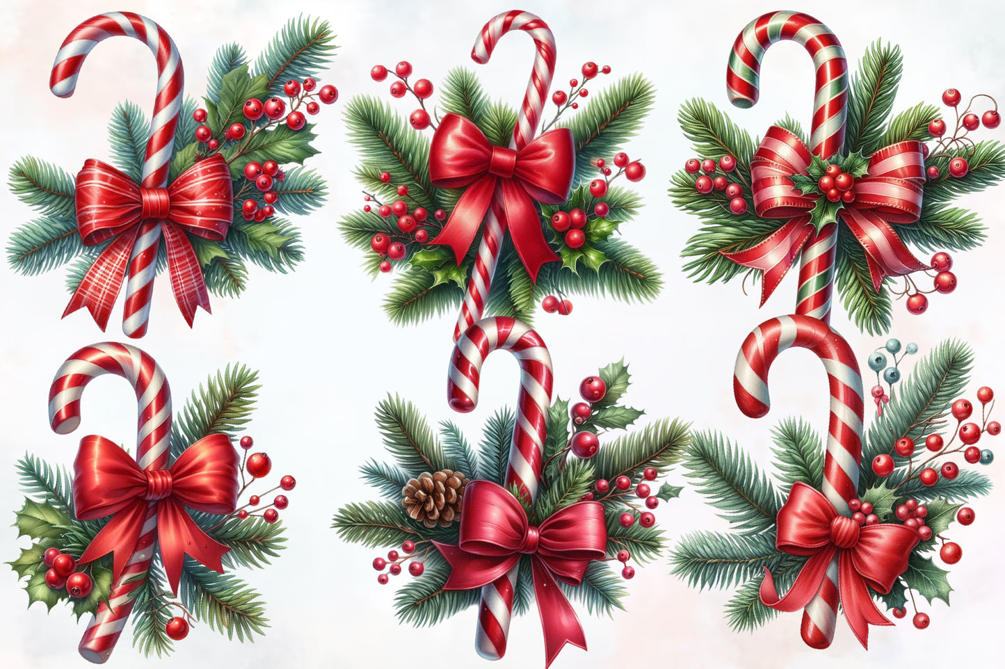 Christmas Candy Cane with Bow PNG Bundle | Watercolor Candy Cane Christmas Clipart | Holiday Sublimation