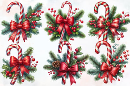 Christmas Candy Cane with Bow PNG Bundle | Watercolor Candy Cane Christmas Clipart | Holiday Sublimation