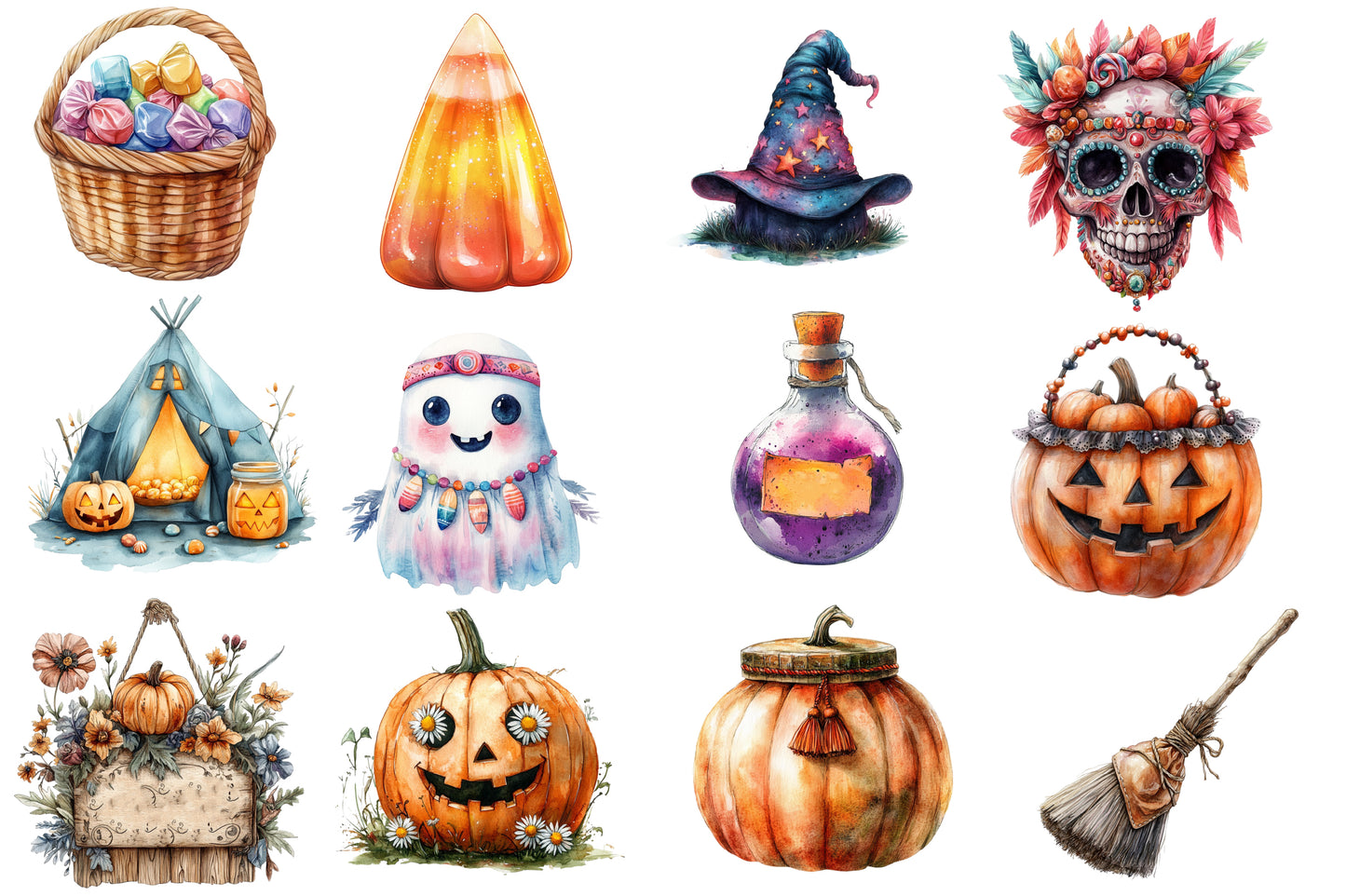 Boho Halloween Trick or Treat Clipart PNG Bundle | Watercolor Cute Boho Halloween Clipart | Spooky Autumn Sublimation PNG