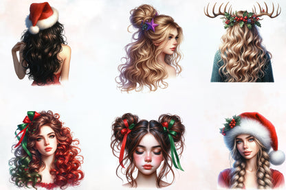 Christmas Girl Hairstyle PNG Clipart Bundle | Watercolor Christmas Women, Santa Hat, Bows & Festive Hair Designs