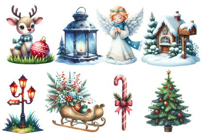 Cute Christmas Day Clipart PNG Bundle | Winter House, Deer, Angel, Snowman, Christmas Tree, Wreath, Lantern & Holiday Decorations
