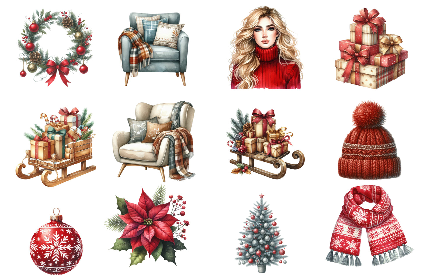 Nordic Christmas Clipart PNG Bundle | Scandinavian Christmas Watercolor Clipart | Red Christmas Sublimation PNG
