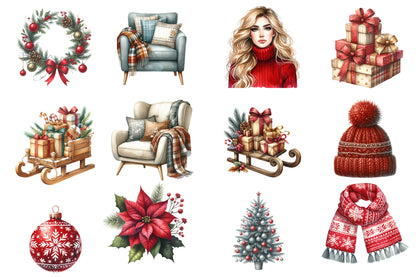 Nordic Christmas Clipart PNG Bundle | Scandinavian Christmas Watercolor Clipart | Red Christmas Sublimation PNG