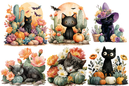 Halloween Desert Cat Clipart PNG | Cute Black Cat & Cactus Clipart, Desert Halloween PNG