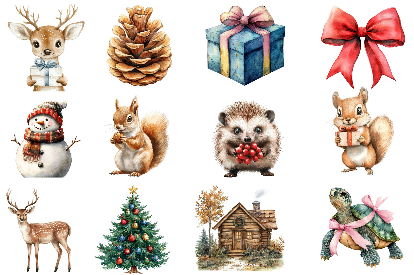 Christmas Woodland Clipart PNG Bundle | Rustic Cabins, Christmas Tree, Woodland Animals, Snowy Trees & Holiday Decor