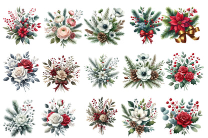 Christmas Flowers Clipart PNG Bundle | Watercolor Festive Christmas Flower Clipart | Holiday Floral Sublimation PNG