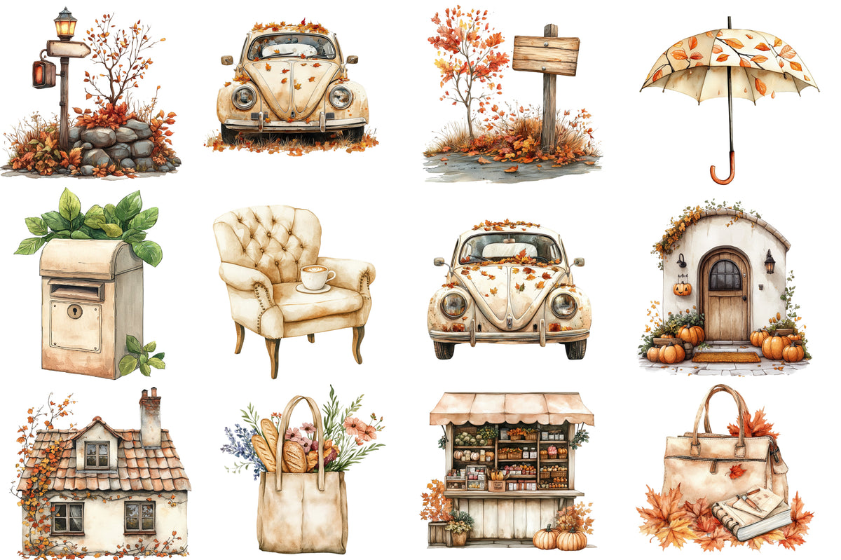 Fall In City Watercolor Clipart PNG Bundle | Cozy Autumn City Clipart | Fall Sublimation
