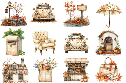Fall In City Watercolor Clipart PNG Bundle | Cozy Autumn City Clipart | Fall Sublimation