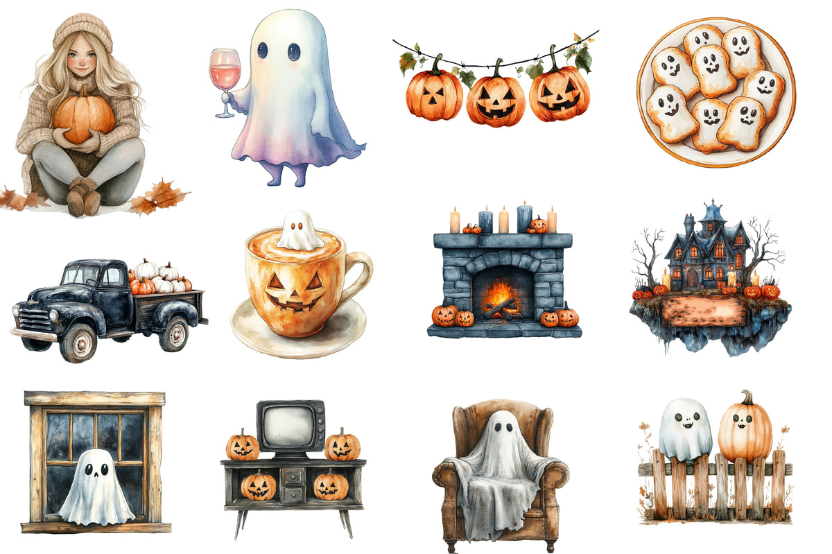 Watercolor Cozy Halloween Clipart PNG Bundle | Cute Ghost, Pumpkin, Cat, Witch, Coffee & Fall Spooky Clipart