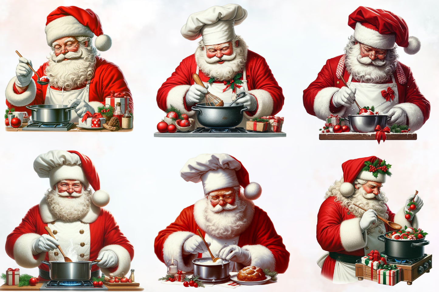 Watercolor Santa Chef Clipart PNG Bundle | Funny Christmas Cooking Santa, Baking & Holiday Kitchen Designs