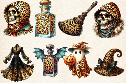 Elegant Leopard Halloween PNG Bundle 29 Watercolor Halloween Clipart
