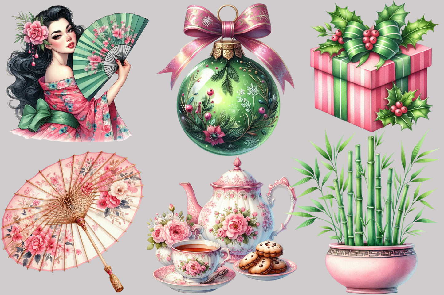 Watercolor Chinoiserie Christmas Clipart PNG Bundle | Elegant Asian Christmas Woman, Ornaments, Gifts & Floral Holiday Designs