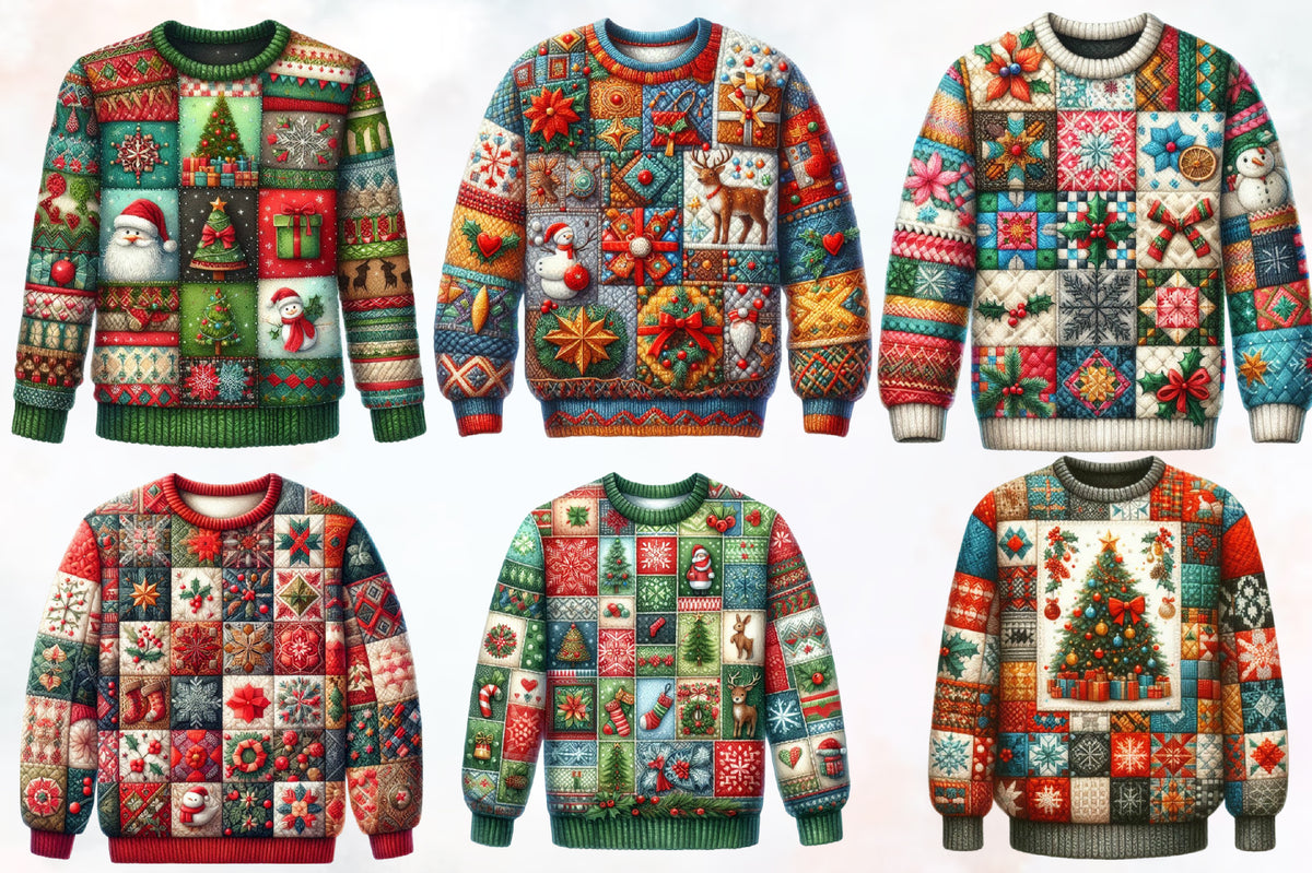Patchwork Christmas Sweater PNG Bundle Festive Ugly Christmas Sweater Sublimation