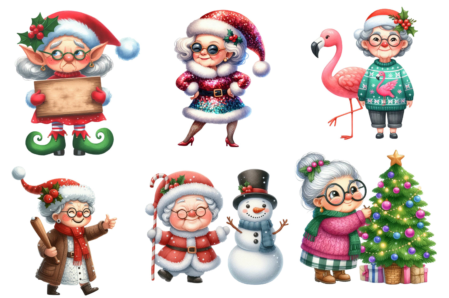Old Lady Christmas Watercolor Clipart PNG Bundle | Cute Grandma Christmas Clipart | Christmas Winter Sublimation PNG