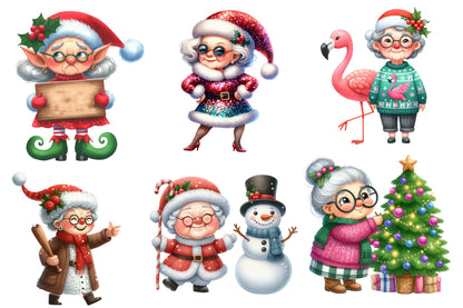 Old Lady Christmas Watercolor Clipart PNG Bundle | Cute Grandma Christmas Clipart | Christmas Winter Sublimation PNG
