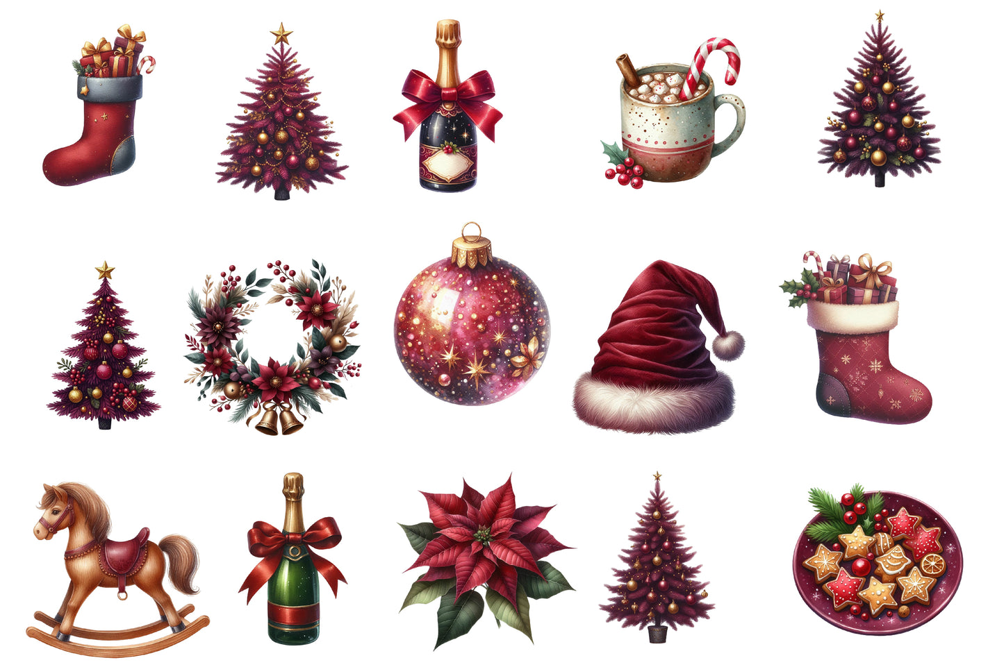 Burgundy Christmas Watercolor Clipart PNG Bundle | Elegant Red Christmas Watercolor Clipart | Burgundy Holiday Sublimation PNG