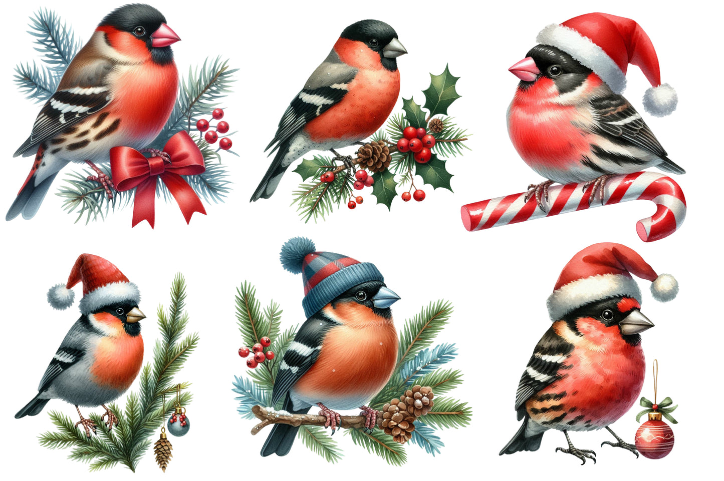 Christmas Grosbeak Birds Clipart PNG Bundle | Watercolor Winter Grosbeak Bird Clipart | Holiday Bird Sublimation PNG