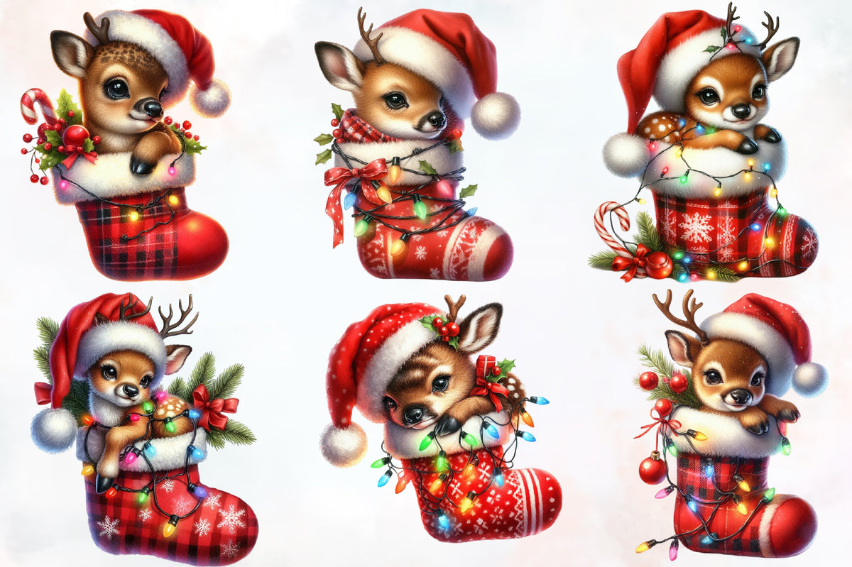 28 Christmas Reindeer on Stocking PNG Sublimation Bundle Cute Santa Deer