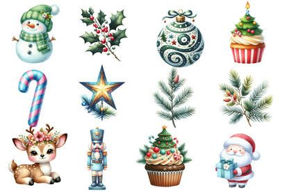 Christmas Clipart PNG Bundle | Watercolor Christmas Ornaments, Christmas Tree, Deer, Snowman, Santa, Nutcracker, Gifts & Winter Elements