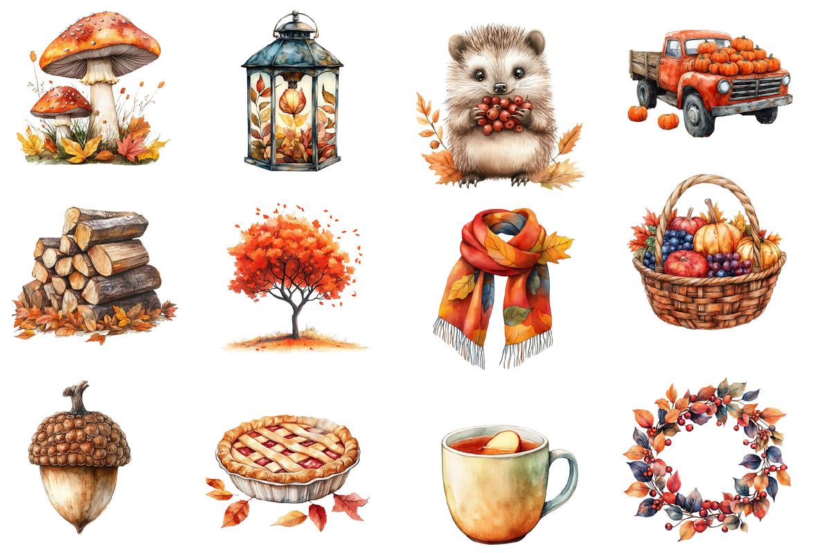 Fall Season Watercolor Clipart PNG Bundle | Autumn Clipart Collection | Cozy Fall Sublimation
