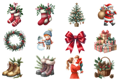 Christmas Rustic Winter Watercolor Clipart PNG Bundle | Cozy Rustic Christmas Clipart | Winter Christmas Sublimation PNG