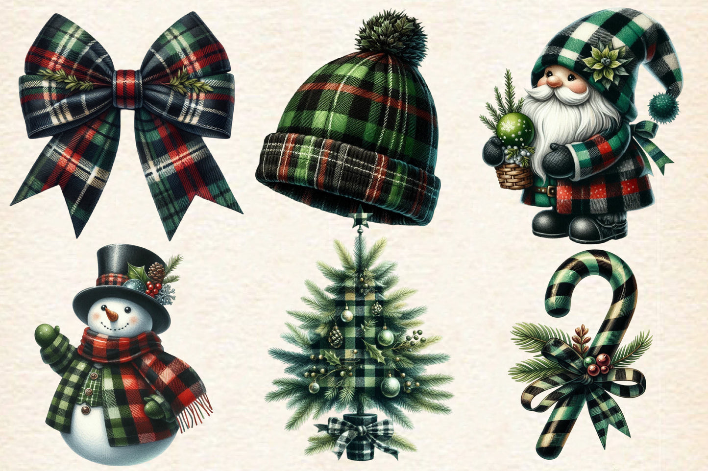 Christmas Black & Green Plaid PNG Bundle | Watercolor Tartan Christmas Clipart, Buffalo Plaid Holiday Decor & Rustic Christmas PNG