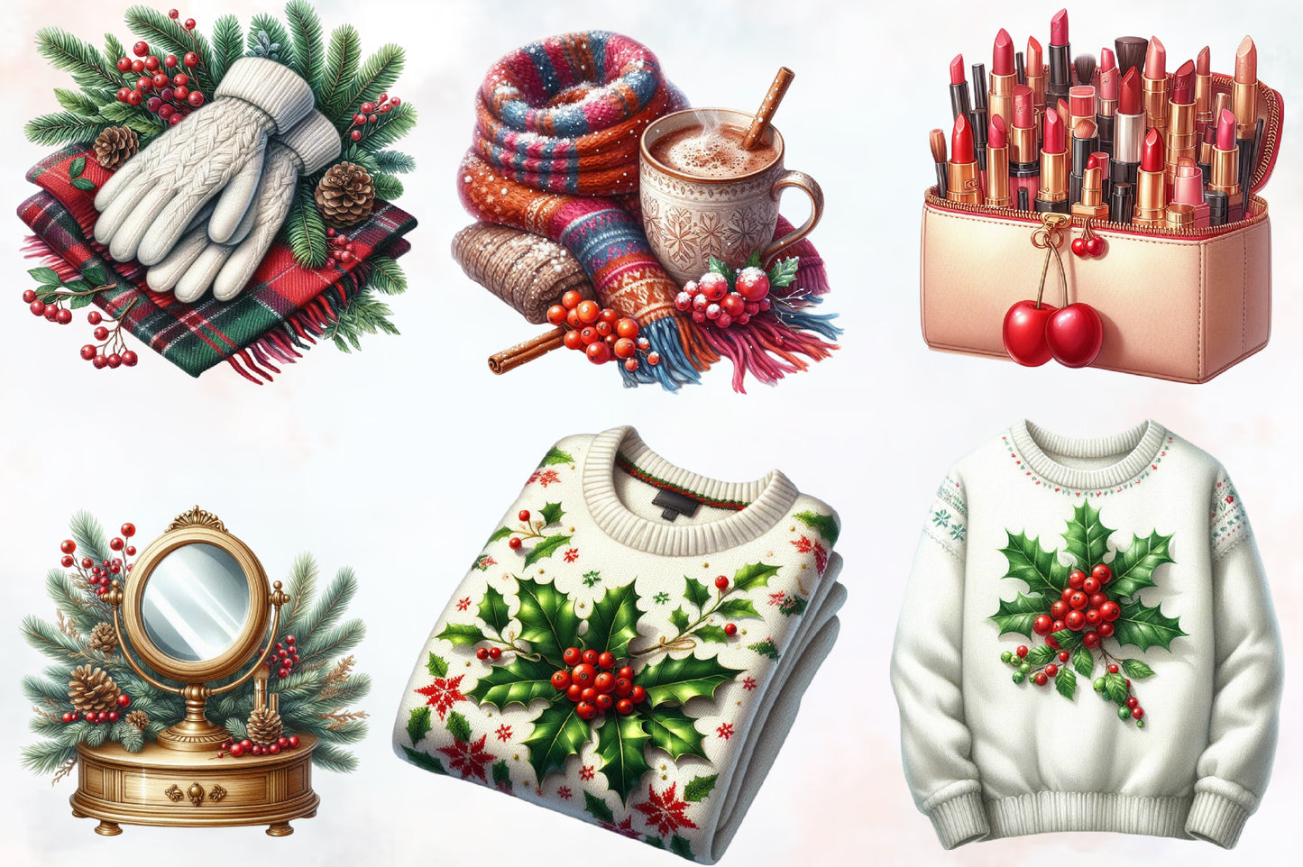 Watercolor Cozy Christmas Time Clipart PNG Bundle | Winter Holiday Home, Sweaters, Fireplace & Cozy Christmas Designs
