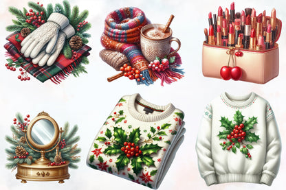 Watercolor Cozy Christmas Time Clipart PNG Bundle | Winter Holiday Home, Sweaters, Fireplace & Cozy Christmas Designs