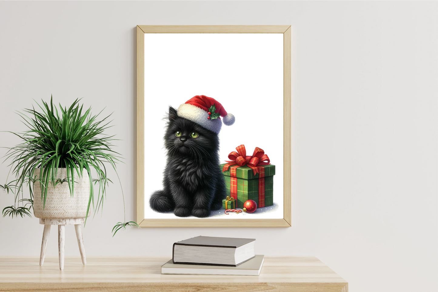 Christmas Black Cat PNG Clipart Bundle | Watercolor Black Cats with Santa Hats, Christmas Gifts, Bows & Holiday Decorations
