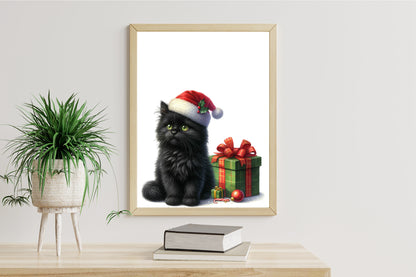 Christmas Black Cat PNG Clipart Bundle | Watercolor Black Cats with Santa Hats, Christmas Gifts, Bows & Holiday Decorations