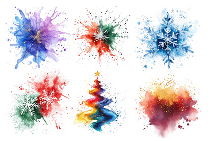 Christmas Watercolor Splashes Bundle PNG | Christmas Paint Splash Clipart | Festive Watercolor Holiday Backgrounds