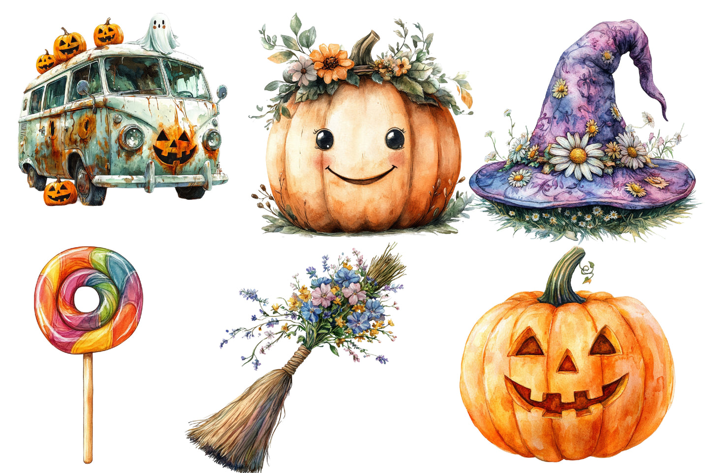 Groovy Halloween Clipart PNG Bundle | Retro Halloween PNG, Cute Pumpkin Clipart