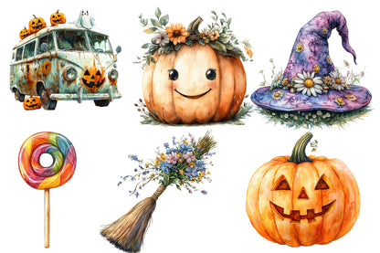 Groovy Halloween Clipart PNG Bundle | Retro Halloween PNG, Cute Pumpkin Clipart